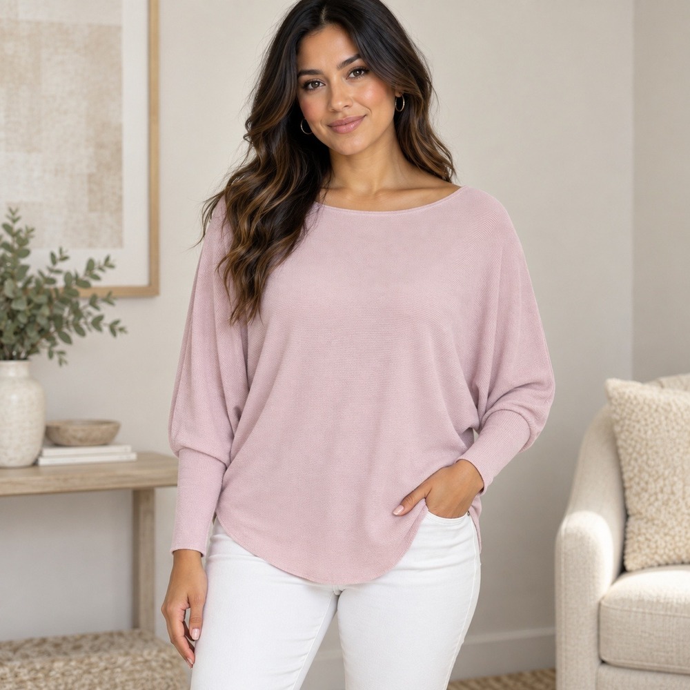 Vila Milano Dolman Sleeve Top Womens Size L Pink Boat Neck Knit Ribbed Cuff